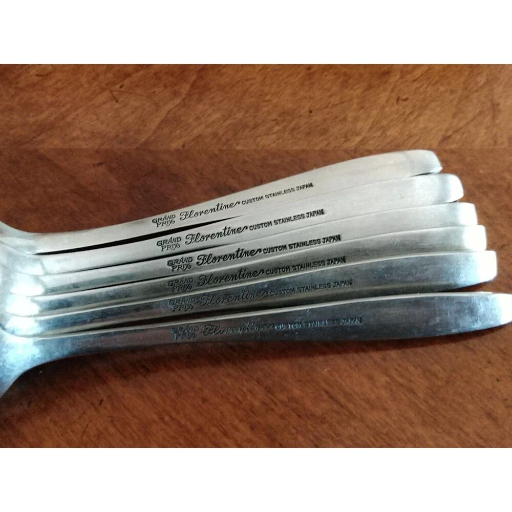 Vtg Lot 6+1  Teaspoons Stainless Grand Prix Florentine Black Swirl Design Japan